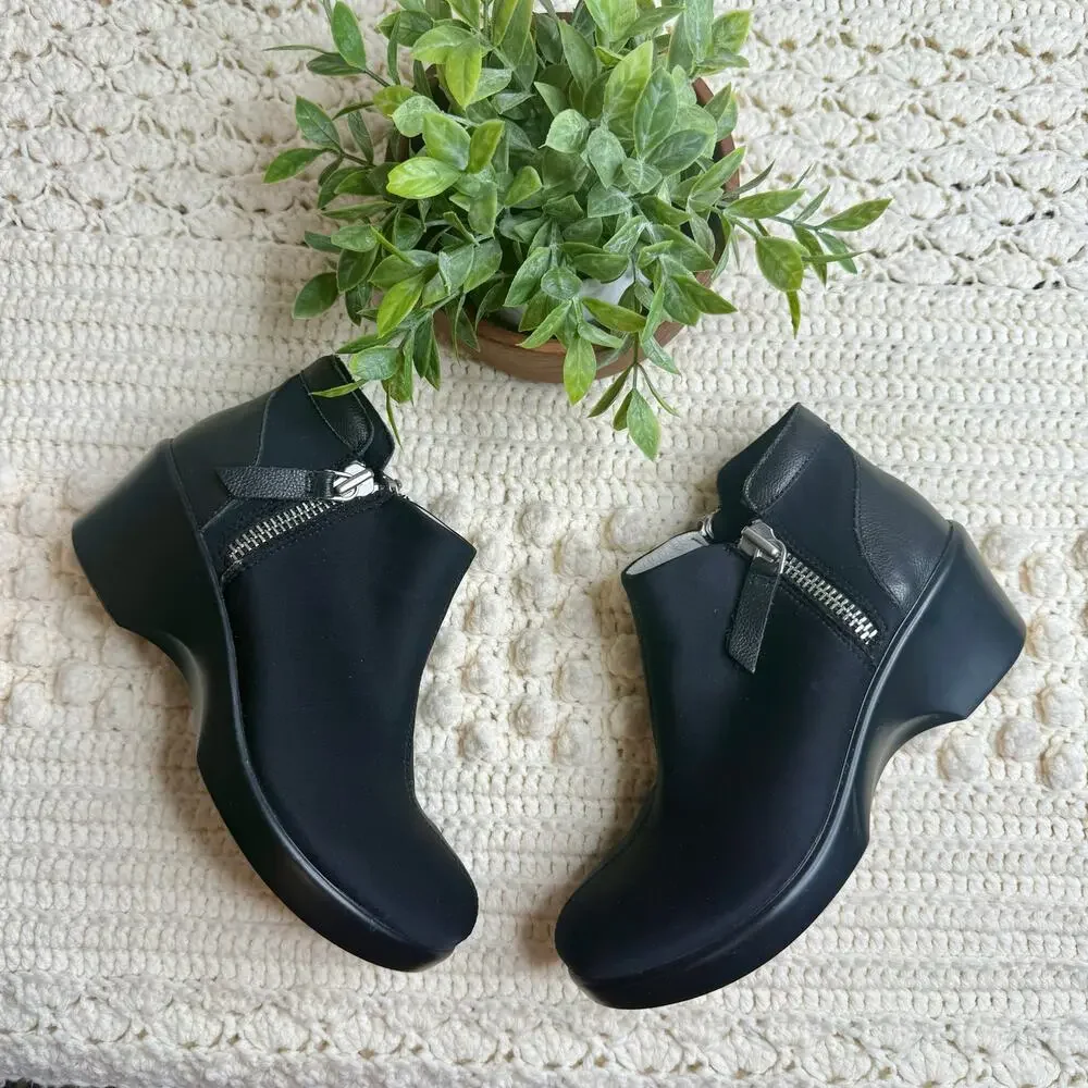 ALEGRIA Women's 36 Sloan Comfort Clog Wedge Shoes Black Leather Zip Ankle Boot